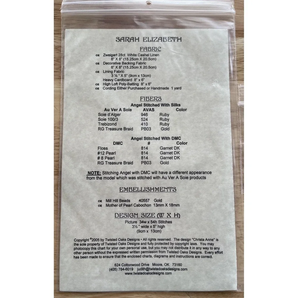 Twisted Oaks Designs Sarah Elizabeth Angel ornament cross stitch pattern & Beads